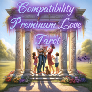 An illustration of a happy family consisting of a father, mother, two children, and a dog, gathered under a grand stone archway decorated with purple flowers. The scene is set in a lush park, bathed in soft sunlight. The image is titled 'Compatibility Premium Love Tarot by Alice' in elegant, purple cursive script at the top